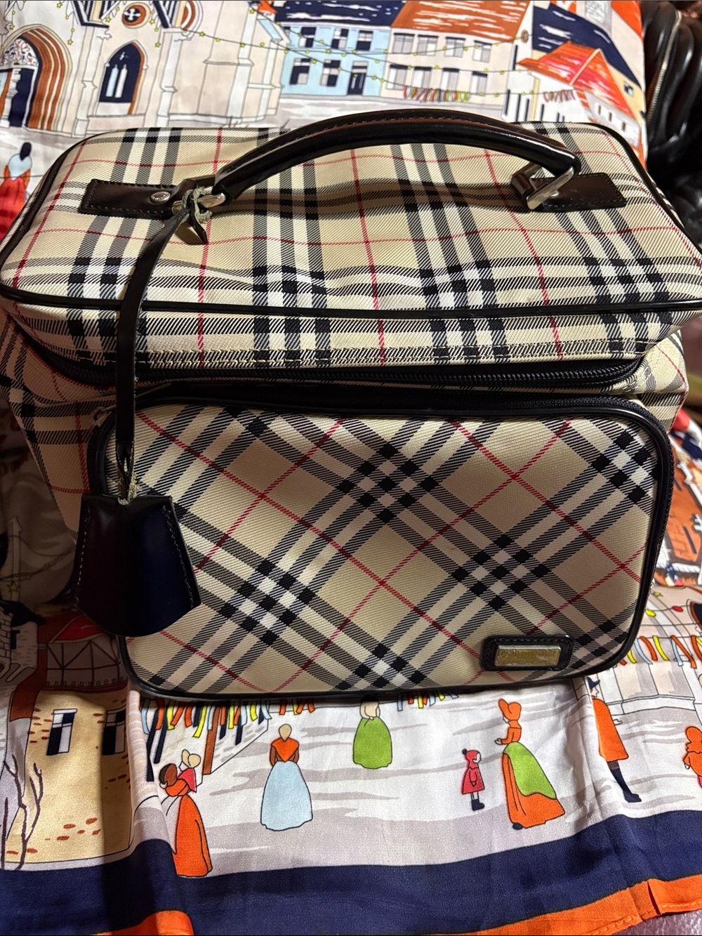 Burberry London Blue Label Beige Black and Red Plaid Toiletry Bag